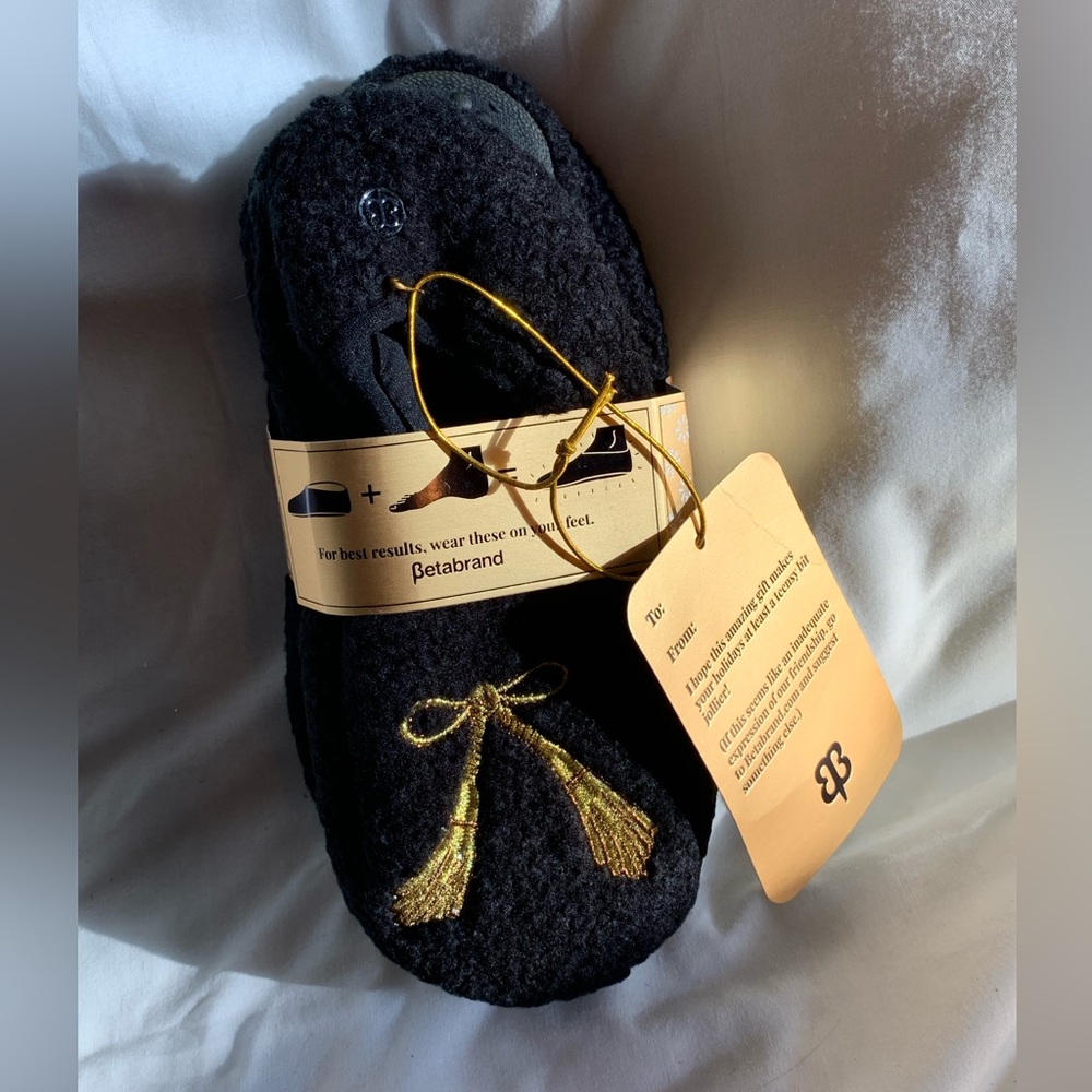 NWT Betabrand Black Slippers with Gold Tassels